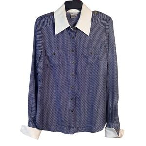 WORTH Silk Geometric Print Button Down Blouse White Collar Cuffs Size 8